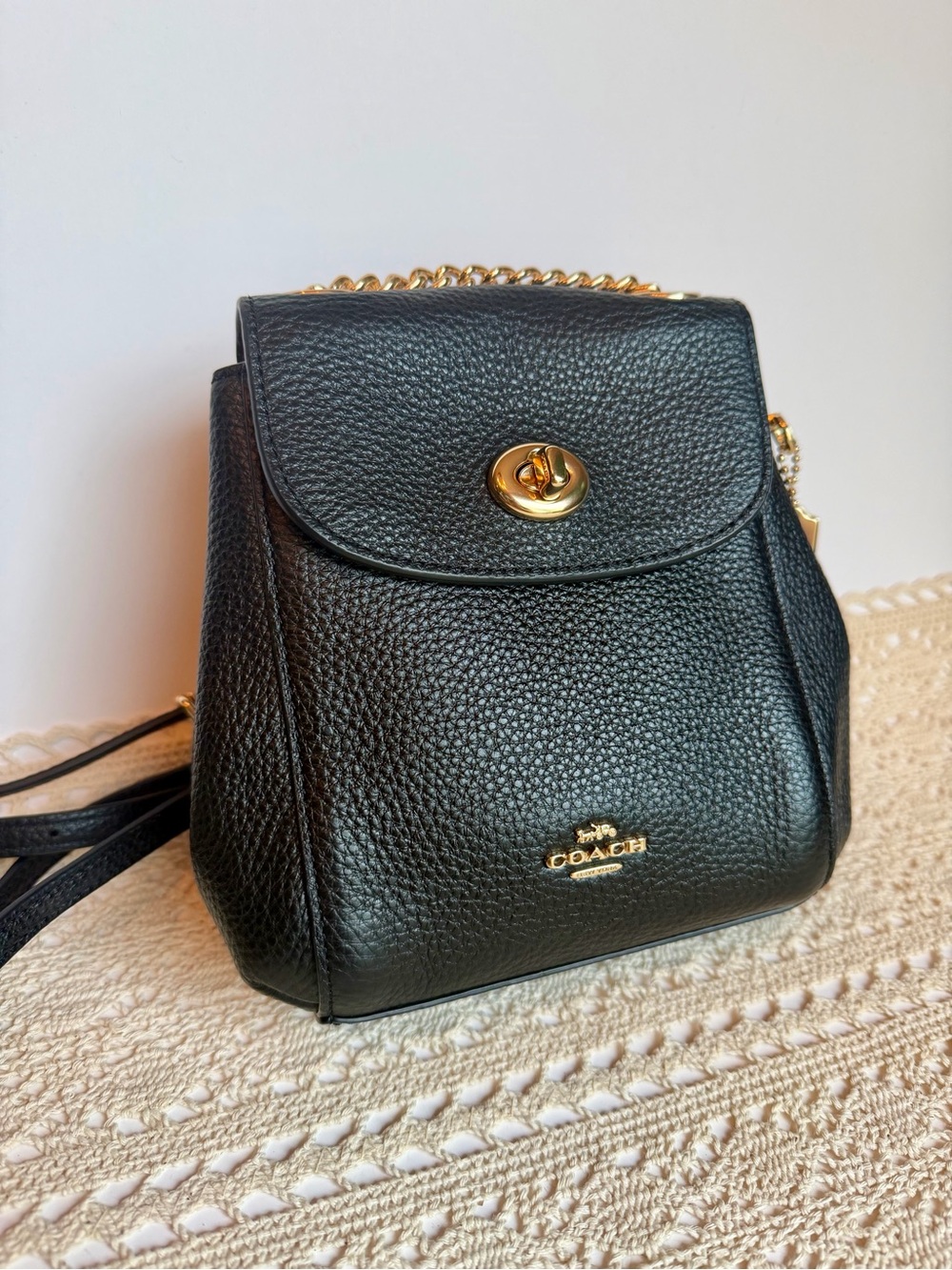 Coach Mini Convertible Backpack Black Pebble Leather Gold Chain C4223 - Picture 2 of 14
